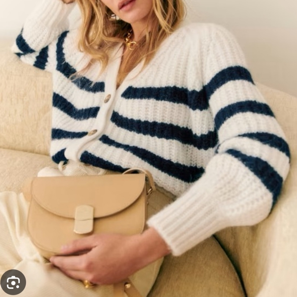 Sezane White and Navy Striped Basile Cardigan